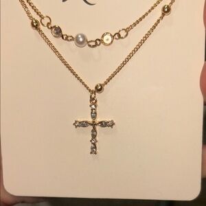 Gold Cross Pendant Necklace with Pearl Accents